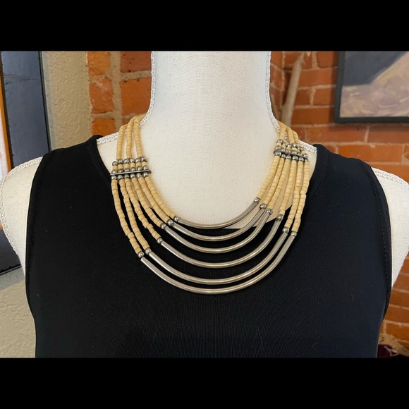 Silver Colored Bar and Wood Colored Seed Bead Boho Necklace - Picture 1 of 2